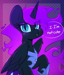 Size: 2184x2574 | Tagged: safe, artist:sakukitty, derpibooru import, nightmare moon, alicorn, pony, abstract background, blushing, cute, denial, dialogue, female, i'm not cute, lidded eyes, looking at you, mare, raised hoof, raised leg, solo, telling lies