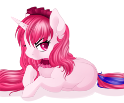 Size: 3401x2834 | Tagged: safe, artist:schokocream, derpibooru import, oc, oc only, pony, unicorn, choker, horn, lying down, prone, simple background, unicorn oc, white background