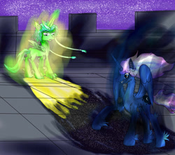 Size: 1800x1600 | Tagged: safe, artist:foxgearstudios, derpibooru import, princess luna, oc, alicorn, pony, alicorn oc, duo, ethereal mane, female, galaxy mane, horn, mare, night, nightmare luna, stars, wings