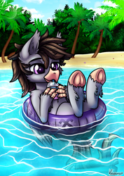 Size: 3508x4961 | Tagged: safe, alternate version, artist:kruszyna25, derpibooru import, oc, oc only, oc:luxor, classical hippogriff, hippogriff, beach, commission, cute, inflatable, inner tube, milkshake, transparent, underhoof, unshorn fetlocks, ych result