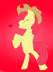 Size: 1400x1900 | Tagged: safe, artist:spitfire-fan, derpibooru import, apple bloom, earth pony, pony, applejack's hat, bipedal, blank flank, clothes, cowboy hat, eyes closed, female, filly, hat, heart, red background, simple background, solo