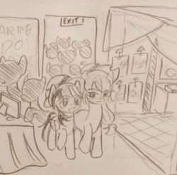 Size: 640x633 | Tagged: safe, artist:snowzaaah, derpibooru import, applejack, rainbow dash, earth pony, pegasus, pony, appledash, appledashdailydoodles, doodle, female, lesbian, monochrome, pencil drawing, shipping, sketch, traditional art