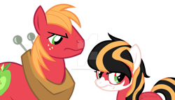 Size: 1024x590 | Tagged: safe, artist:hovesoffire48, derpibooru import, big macintosh, oc, oc:thunder apple, earth pony, pony, angry, base used, deviantart watermark, father and child, father and daughter, female, filly, frown, male, obtrusive watermark, offspring, parent and child, parent:big macintosh, parents:canon x oc, simple background, transparent background, watermark