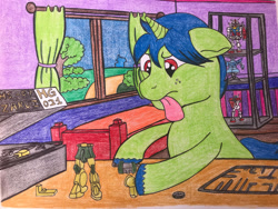 Size: 1024x768 | Tagged: safe, artist:sweetiebot3000, derpibooru import, oc, oc only, oc:neon kitbash, pony, unicorn, bed, gundam, male, solo, stallion, tongue, tongue out, traditional art, tree, window