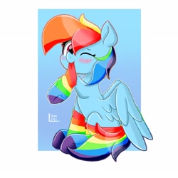 Size: 2039x2039 | Tagged: safe, artist:skylinepony_, derpibooru import, rainbow dash, pegasus, pony, blushing, clothes, cute, dashabetes, female, looking at you, mare, one eye closed, rainbow socks, simple background, smiling, smiling at you, socks, solo, striped socks