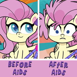 Size: 1024x1024 | Tagged: safe, derpibooru import, edit, edited screencap, screencap, fluttershy, pegasus, pony, my little pony: pony life, the crystal capturing contraption, spoiler:pony life s02e02, aids, camera, facebook, female, hiv, meme, sitting, solo, std