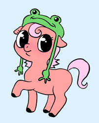 Size: 1022x1264 | Tagged: safe, artist:immunefox, derpibooru import, oc, earth pony, frog, pony, blank flank, clothes, cute, digital art, doodle, female, filly, hat, looking at you, pink, simple background