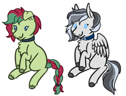 Size: 1134x867 | Tagged: safe, artist:misskanabelle, derpibooru import, oc, oc only, earth pony, pegasus, pony, braided tail, chest fluff, choker, commission, duo, earth pony oc, pegasus oc, simple background, smiling, transparent background, wings, ych result