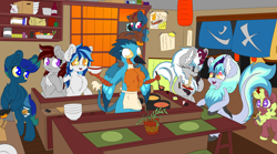 Size: 8120x4500 | Tagged: safe, artist:beigedraws, derpibooru import, oc, griffon, kirin, pegasus, pony, food, noodles, ramen