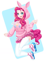 Size: 1280x1732 | Tagged: safe, artist:dstears, derpibooru import, pinkie pie, human, abstract background, amnibus, balloonbutt, breasts, butt, clothes, cute, diapinkes, female, happy, hoodie, humanized, open mouth, shoes, skirt, smiling, socks, solo, stockings, thigh highs, zettai ryouiki