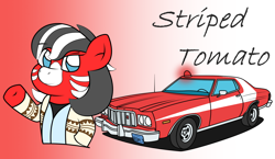 Size: 1470x850 | Tagged: safe, artist:sparkfler85, derpibooru exclusive, derpibooru import, oc, oc only, oc:striped tomato, zebra, bust, car, clothes, female, ford, ford torino, jacket, reference, shirt, simple background, solo, starsky and hutch