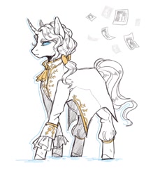 Size: 898x1024 | Tagged: safe, artist:karamboll, derpibooru import, pony, unicorn, blue eyes, bow, clothes, crossover, identity v, joseph desaulniers, male, royalty, sketch, solo