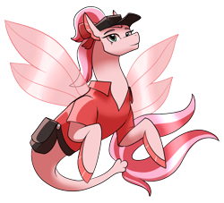 Size: 1046x949 | Tagged: safe, artist:eternity9, derpibooru import, oc, oc only, seapony (g4), bag, clothes, crossover, digital art, female, fin wings, fins, fish tail, green eyes, hat, looking at you, seaponified, simple background, smiling, solo, species swap, tail, transparent background, wings