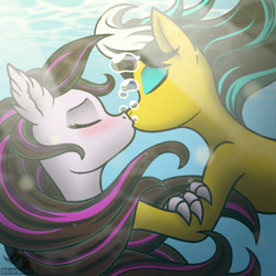 Size: 700x700 | Tagged: safe, artist:discorsaurus, derpibooru import, oc, oc only, earth pony, hippogriff, pony, blushing, bubble, claws, colored pupils, crepuscular rays, digital art, ear fluff, ears, eyes closed, female, flowing mane, kissing, lake, shipping, sunlight, underwater, water