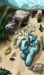 Size: 480x815 | Tagged: safe, artist:kyuushi, derpibooru import, oc, oc only, fish, merpony, sea pony, blue eyes, digital art, female, fish tail, flowing mane, river, rock, seaweed, solo, speedpaint, swimming, tail, underwater, water