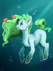 Size: 960x1280 | Tagged: safe, artist:liliss, derpibooru import, oc, oc only, earth pony, fish, pony, bubble, colored pupils, crepuscular rays, flowing mane, green mane, ocean, seaweed, simple background, smiling, solo, starfish, sunlight, underwater, water