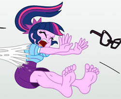 Size: 1072x879 | Tagged: safe, artist:niban-destikim, derpibooru import, edit, sci-twi, twilight sparkle, spider, comic:the shrinking project, equestria girls, barefoot, cropped, danger, feet, fetish, foot fetish, pulling, soles, solo, spider web, toes
