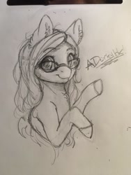 Size: 768x1024 | Tagged: safe, artist:miokomata, derpibooru import, oc, oc only, earth pony, pony, female, glasses, grayscale, looking at you, mare, monochrome, pencil drawing, smiling, smiling at you, solo, traditional art