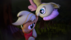 Size: 1920x1080 | Tagged: safe, derpibooru import, applejack, fluttershy, bat pony, earth pony, pony, 3d, bat ponified, biting, cute, ear bite, flutterbat, halloween, holiday, race swap, source filmmaker, species swap