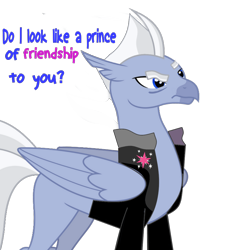 Size: 1024x1107 | Tagged: safe, artist:damiranc1, derpibooru import, oc, oc:roe pearl, classical hippogriff, hippogriff, clothes, eyebrows, jacket, male, raised eyebrow, roe pearl is not amused, ron perlman, simple background, solo, text, transparent background, vector