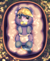 Size: 864x1057 | Tagged: safe, artist:binkyroom, derpibooru import, sunbeam, oc, pony, basket, commission, cute, diaper, foal, forest background, grass, looking at you, pacifier, smiling, smiling at you, solo, sunlight, ych result