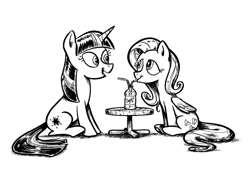 Size: 1059x726 | Tagged: safe, artist:mellodillo, derpibooru import, fluttershy, twilight sparkle, unicorn twilight, pegasus, pony, unicorn, black and white, drink, drinking, drinking straw, female, grayscale, lesbian, looking at each other, mare, monochrome, sharing a drink, shipping, simple background, twishy, white background