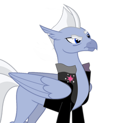Size: 1024x1107 | Tagged: safe, artist:damiranc1, derpibooru import, oc, oc:roe pearl, classical hippogriff, hippogriff, clothes, eyebrows, jacket, male, raised eyebrow, roe pearl is not amused, ron perlman, simple background, solo, transparent background, vector