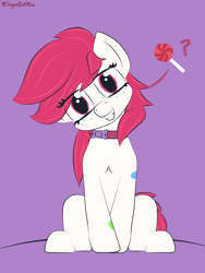 Size: 3120x4160 | Tagged: safe, artist:sugardotxtra, derpibooru import, oc, oc:sugar dot, pony, candy, collar, food, grin, head tilt, lollipop, looking at you, pony pet, question mark, simple background, smiling, smiling at you