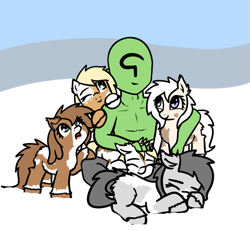 Size: 757x698 | Tagged: safe, artist:neuro, oc, oc only, oc:anon, oc:puffins, human, pony, /mlp/, chest fluff, cuddle pile, ear fluff, ears, female, fluffy, looking at someone, looking at you, mare, one eye closed, piebald, sleeping, snow, snowpony (species), taiga pony, unshorn fetlocks, yakutian horse