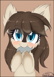 Size: 2103x3000 | Tagged: safe, artist:freefraq, oc, oc only, oc:frosty flakes, fish, pony, blushing, brown background, bust, cheek fluff, coat markings, cute, ear fluff, ears, eating, eye clipping through hair, female, fluffy, food, looking at you, mare, meat, ocbetes, ponies eating fish, ponies eating meat, ponies eating seafood, signature, simple background, snowpony (species), socks (coat marking), solo, taiga pony, yakutian horse