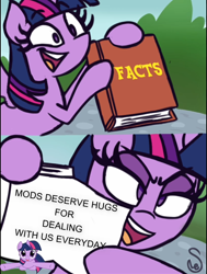 Size: 544x720 | Tagged: safe, twilight sparkle, twilight sparkle (alicorn), alicorn, pony, book, caption, exploitable meme, female, hoof hold, horn, hug, image macro, looking at you, mare, meme, meta, mods, multicolored mane, open mouth, purple coat, signature, simp, smiling, solo, spread wings, text, twilight's fact book, wings