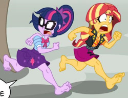 Size: 458x350 | Tagged: safe, artist:niban-destikim, derpibooru import, sci-twi, sunset shimmer, twilight sparkle, comic:the shrinking project, equestria girls, barefoot, cropped, duo, feet, fetish, foot fetish, soles, toes