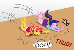 Size: 858x580 | Tagged: safe, artist:niban-destikim, derpibooru import, sci-twi, sunset shimmer, twilight sparkle, comic:the shrinking project, equestria girls, barefoot, cropped, duo, feet, fetish, foot fetish, soles, toes