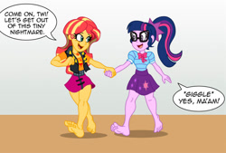 Size: 858x581 | Tagged: safe, artist:niban-destikim, derpibooru import, sci-twi, sunset shimmer, twilight sparkle, comic:the shrinking project, equestria girls, barefoot, cropped, duo, feet, soles, toes