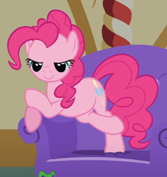 Size: 449x474 | Tagged: safe, derpibooru import, screencap, pinkie pie, earth pony, pony, just for sidekicks, season 3, chair, cropped, crossed hooves, lidded eyes, smiling, solo