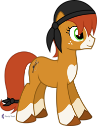 Size: 4000x5216 | Tagged: safe, alternate version, artist:parclytaxel, derpibooru import, oc, oc only, oc:honeyjack, earth pony, pony, .svg available, absurd resolution, clothes, coat markings, female, freckles, headscarf, mare, monthly reward, scarf, simple background, smiling, socks (coat marking), solo, tailband, transparent background, unshorn fetlocks, vector