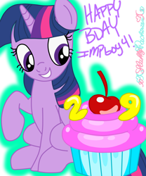 Size: 1024x1229 | Tagged: safe, artist:xxfluffypachirisuxx, derpibooru import, twilight sparkle, pony, cupcake, food, looking down, raised hoof, raised leg, simple background, smiling, solo, transparent background