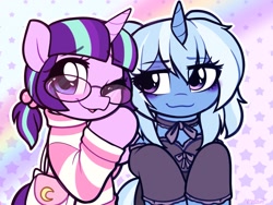 Size: 1679x1264 | Tagged: safe, artist:moozua, derpibooru import, starlight glimmer, trixie, pony, unicorn, alternate hairstyle, blushing, bow, choker, clothes, cute, diatrixes, female, glasses, glimmerbetes, horn, lesbian, looking at you, mare, one eye closed, purse, shipping, smiling, startrix, sweater, turtleneck, wink