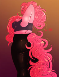 Size: 1200x1575 | Tagged: safe, artist:unfinishedheckery, derpibooru import, pinkie pie, anthro, earth pony, breasts, chubbie pie, chubby, clothes, digital art, female, pants, pinkie pies, rear view, sideboob, simple background, solo, sports bra, tail, tanktop