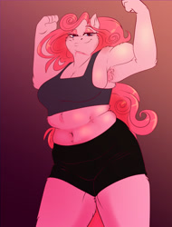 Size: 1200x1575 | Tagged: safe, artist:unfinishedheckery, derpibooru import, pinkie pie, anthro, earth pony, armpits, bedroom eyes, belly button, breasts, chubbie pie, chubby, clothes, digital art, female, flexing, looking at you, pinkie pies, pose, shorts, simple background, solo, sports bra, tail, tanktop