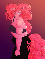 Size: 1200x1575 | Tagged: safe, artist:unfinishedheckery, derpibooru import, pinkie pie, anthro, earth pony, breasts, chubbie pie, chubby, clothes, digital art, eyes closed, female, pants, pinkie pies, pose, simple background, smiling, solo, tail, tanktop