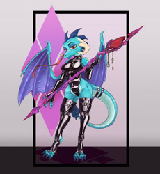 Size: 1280x1392 | Tagged: safe, artist:skrapbox, derpibooru import, princess ember, anthro, dragon, bloodstone scepter, breasts, clothes, dragoness, evening gloves, female, fingerless elbow gloves, fingerless gloves, gloves, latex, latex gloves, latex leotard, latex socks, leg warmers, leotard, lizard breasts, long gloves, socks, solo, tail band, thigh highs