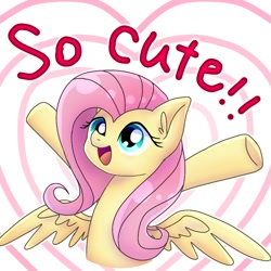 Size: 768x768 | Tagged: safe, artist:namaenonaipony, derpibooru import, part of a set, fluttershy, pegasus, pony, abstract background, chest fluff, cute, happy, hooves in air, open mouth, shyabetes, solo