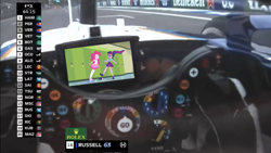 Size: 1334x750 | Tagged: safe, derpibooru import, edit, pinkie pie, sci-twi, twilight sparkle, equestria girls, clothes, cockpit, formula 1, george russell, gloves, irl, photo, steering wheel, television, track, williams