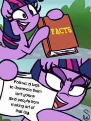 Size: 535x714 | Tagged: safe, derpibooru import, twilight sparkle, twilight sparkle (alicorn), alicorn, pony, book, exploitable meme, image macro, meme, signature, text, twilight's fact book