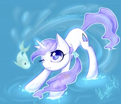 Size: 1280x1097 | Tagged: safe, artist:spidershii, derpibooru import, oc, oc only, fish, pony, unicorn, blue background, blue eyes, commission, digital art, glowing horn, horn, one eye closed, open mouth, signature, simple background, smiling, solo, water, wingding eyes, wink