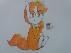 Size: 2064x1548 | Tagged: safe, artist:cherro, derpibooru import, oc, oc only, oc:kitty kit, pony, unicorn, clothes, mug, solo, sweater, traditional art