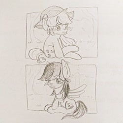 Size: 640x640 | Tagged: safe, artist:snowzaaah, derpibooru import, applejack, rainbow dash, earth pony, pegasus, pony, appledash, appledashdailydoodles, doodle, female, lesbian, monochrome, pencil drawing, shipping, sketch, traditional art