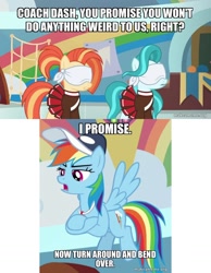 Size: 800x1032 | Tagged: safe, derpibooru import, edit, edited screencap, screencap, lighthoof, rainbow dash, shimmy shake, 2 4 6 greaaat, blindfold, caption, hazing, image macro, text