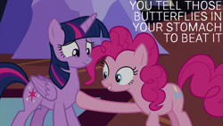 Size: 1280x720 | Tagged: safe, derpibooru import, edit, edited screencap, editor:quoterific, screencap, pinkie pie, twilight sparkle, twilight sparkle (alicorn), alicorn, earth pony, pony, party pooped, season 5, female, mare, smiling, twilight's castle